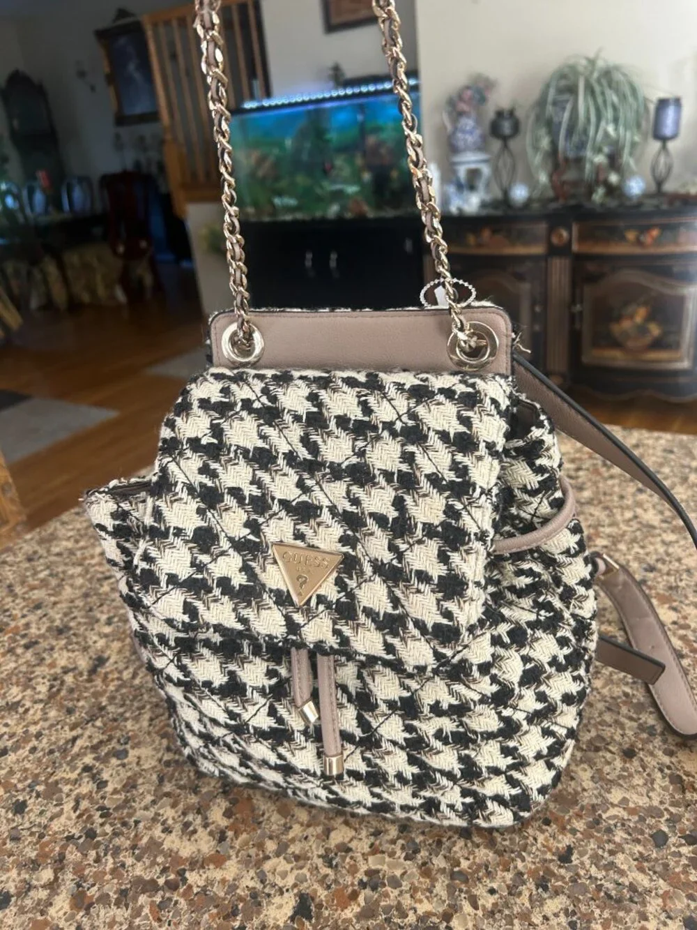 Ladies Black and White Checkered Backpack